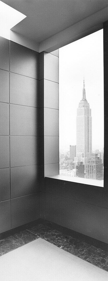 Empire State Building seen through window, Manhattan, New York City, USA