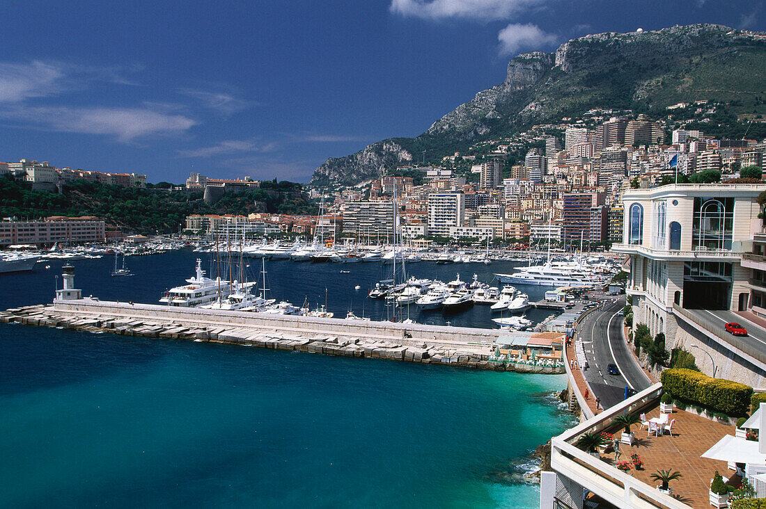 Blick von Monte Carlo auf Hafen, La Condamine, Prinzenpalast, Monaco, Côte d´Azur