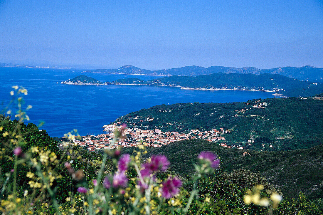 View at a bay and the town of Marciana Marina, Elba, Tuscany, Italy, Europe