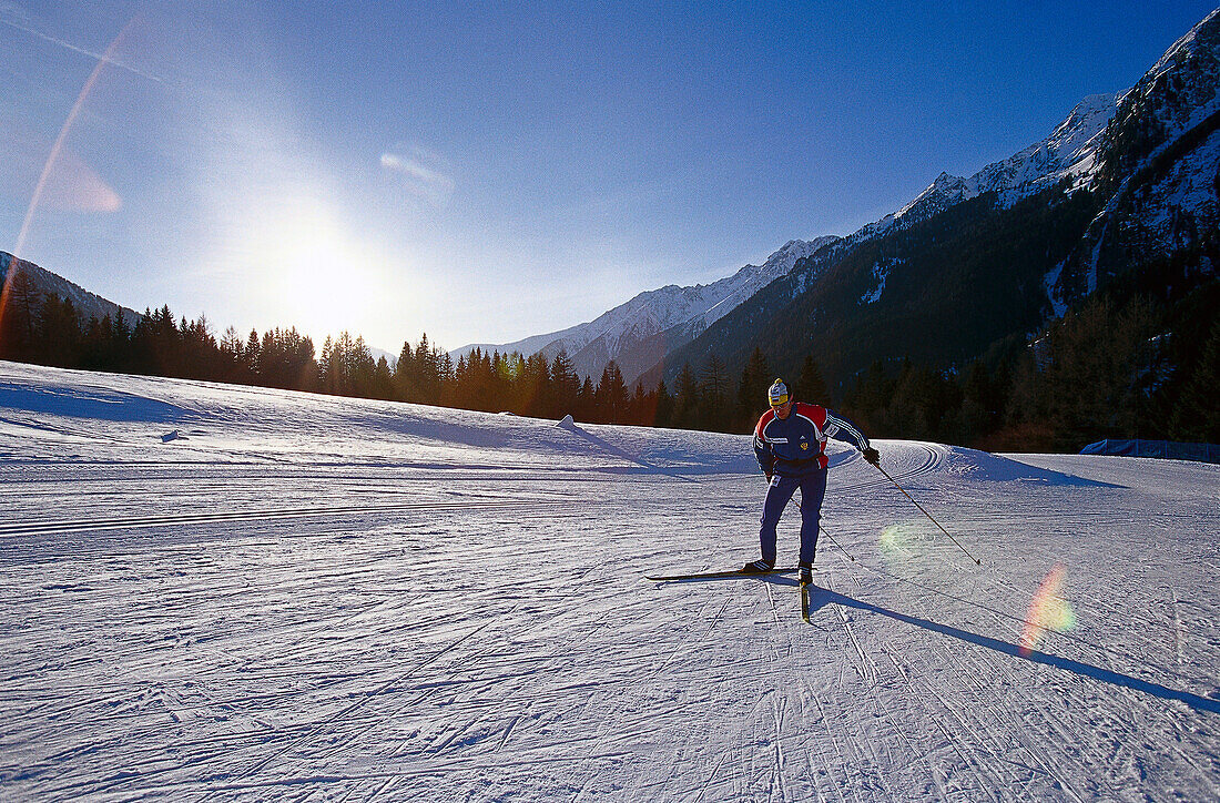 Cross-country skiing at Lake of Antholz, Antholz, South Tyrol Italy