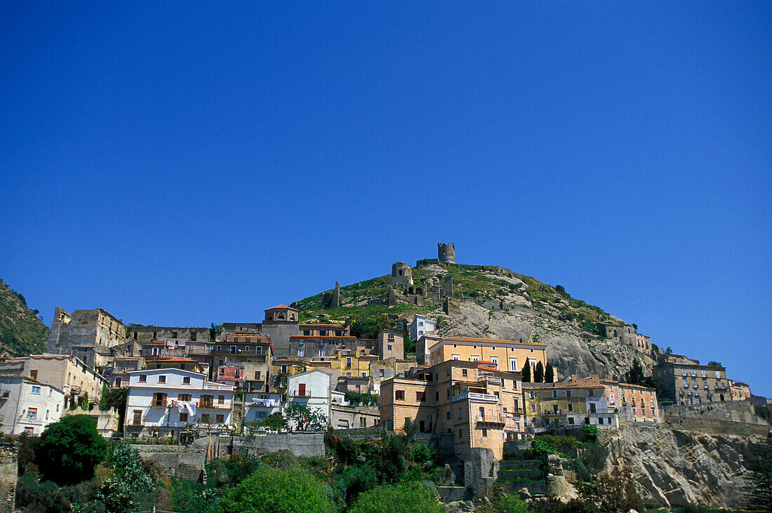 The village Scalea under the blue sky of Italy, Calabria, Italy