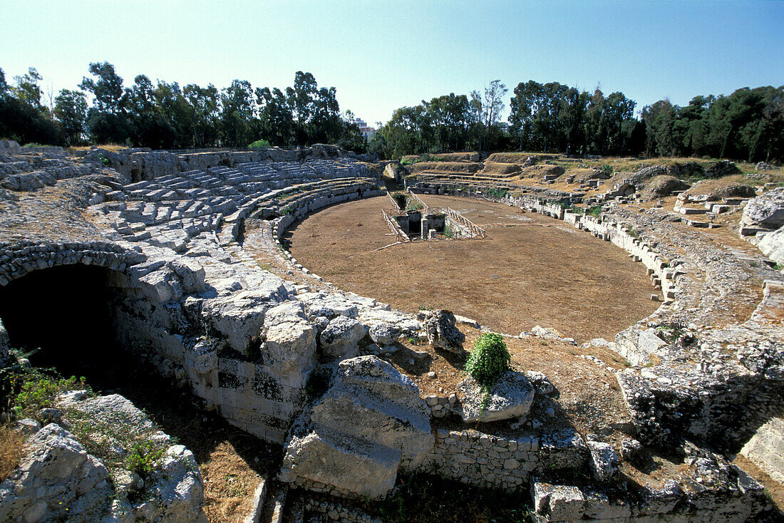 Roman theatre in the sunlight, Syracuse, Sicily, Italy, Europe