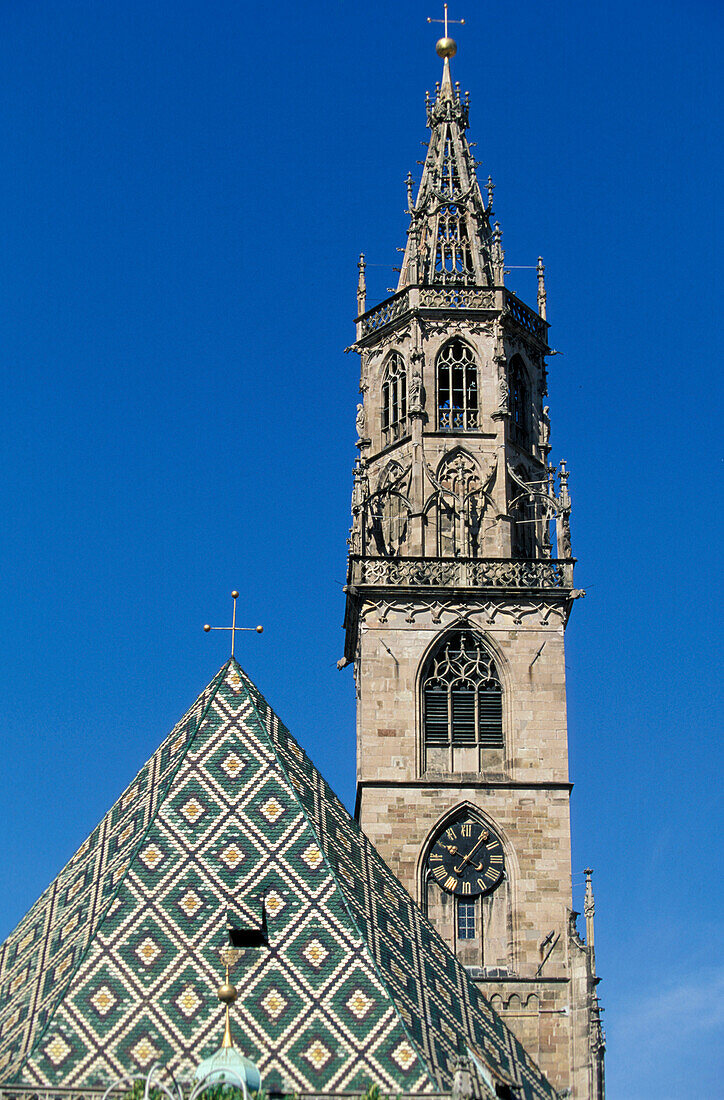 Roof and steeple of the minster, Bozen, South Tyrol, Italy, Europe