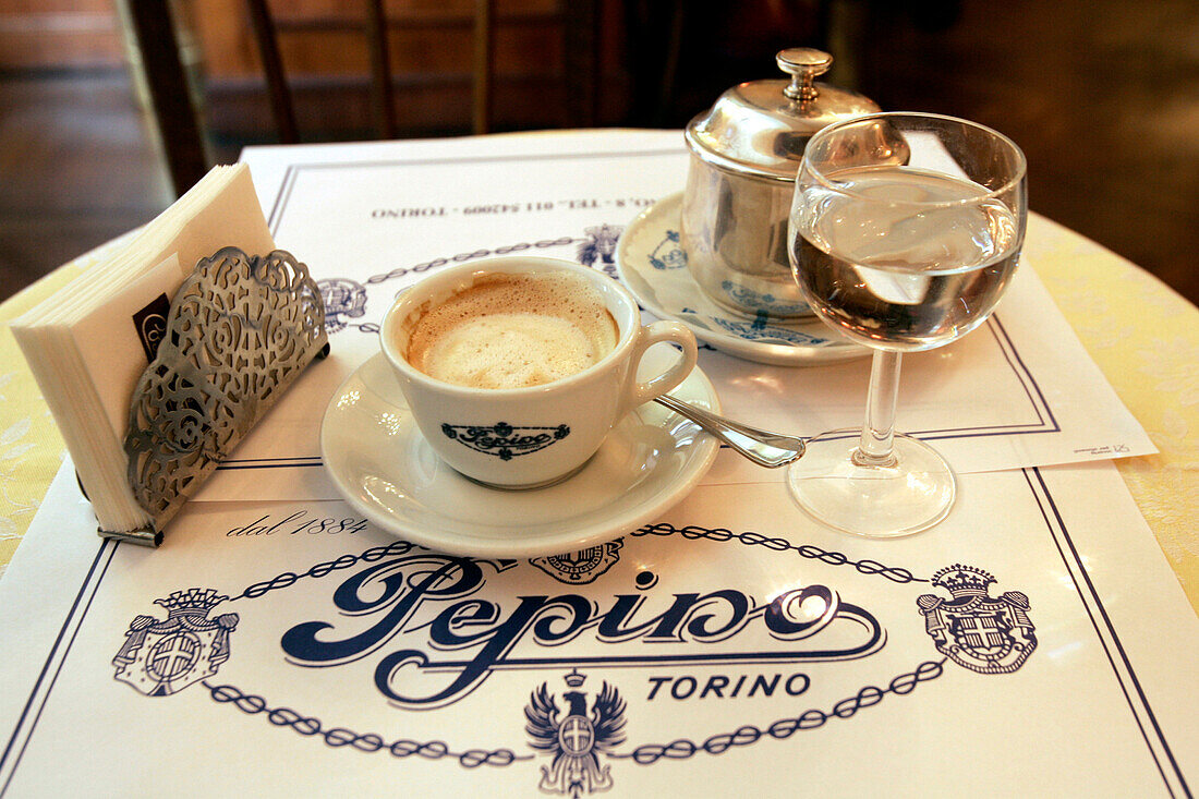 Cup of coffee on a table, Cafe Pepino, Torino, Piedmont, Italy, Europe