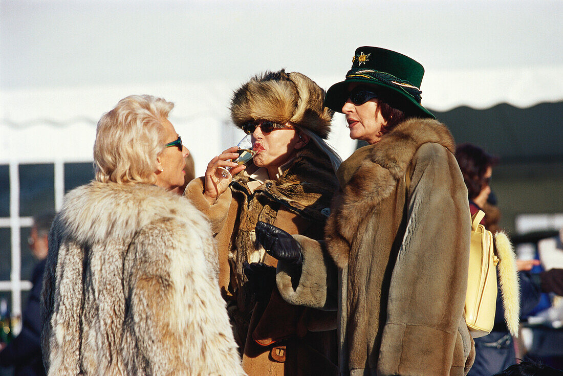 Jet Set, women in fur coats, St. Moritz, Grisons, Switzerland, Europe