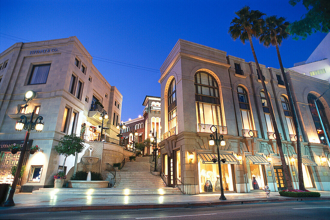 The deserted Wilshire Boulevard at night, Rodeo Drive, Beverly Hills, Los Angeles, USA
