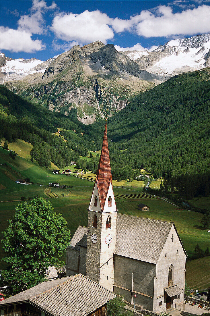 Church at valley Tauferer Ahrntal under clouded sky, Puster valley, South Tyrol, Italy, Europe