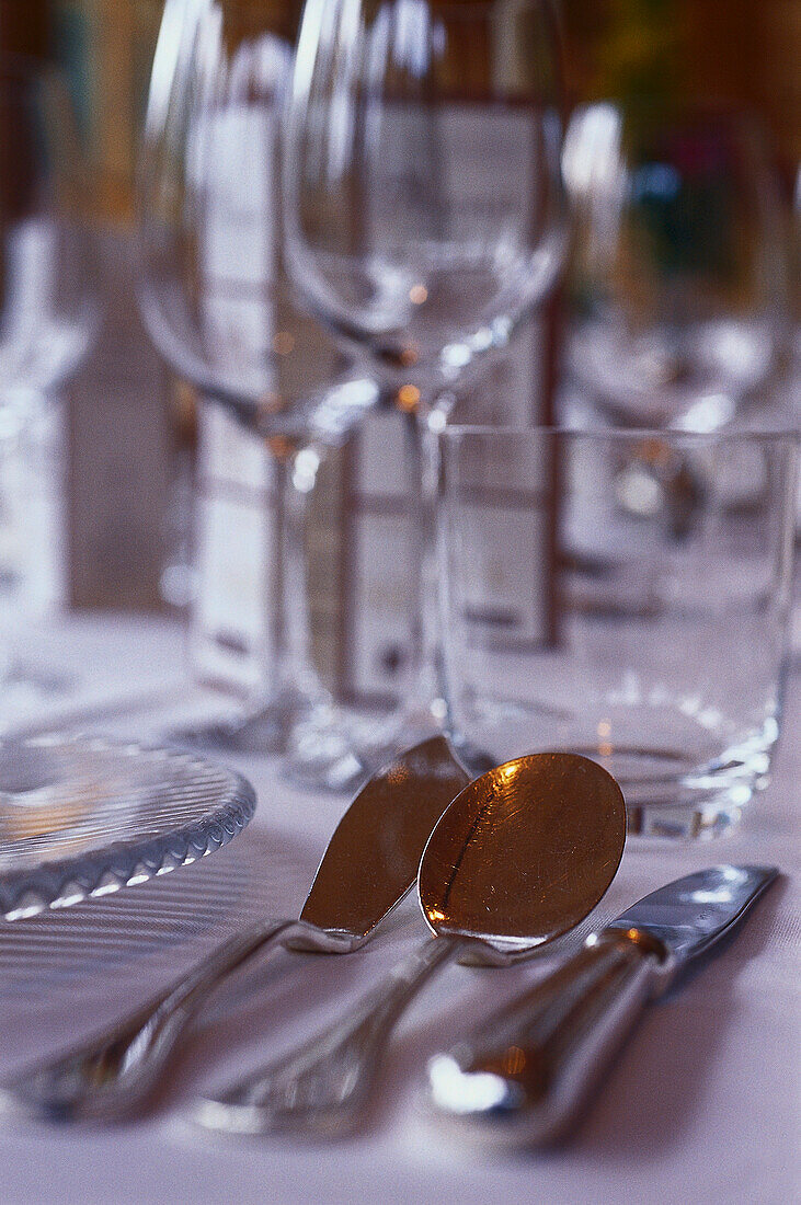 A table is laid at restaurant Schoeneck, Muehlen, Puster valley, South Tyrol, Italy, Europe