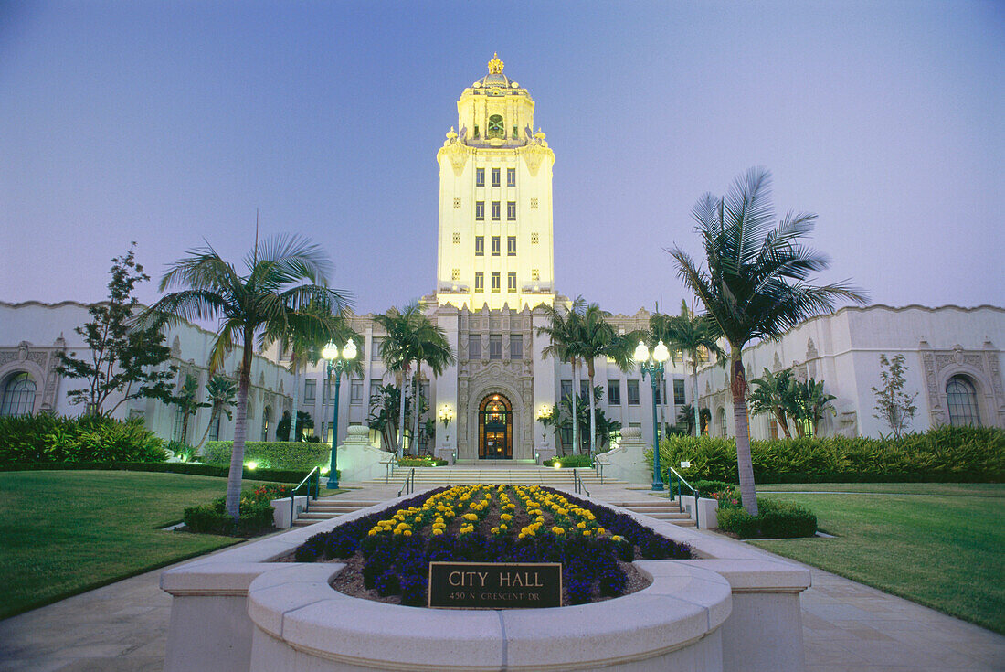 View at the illuminated Town hall at night, Beverly Hills, Los Angeles, USA