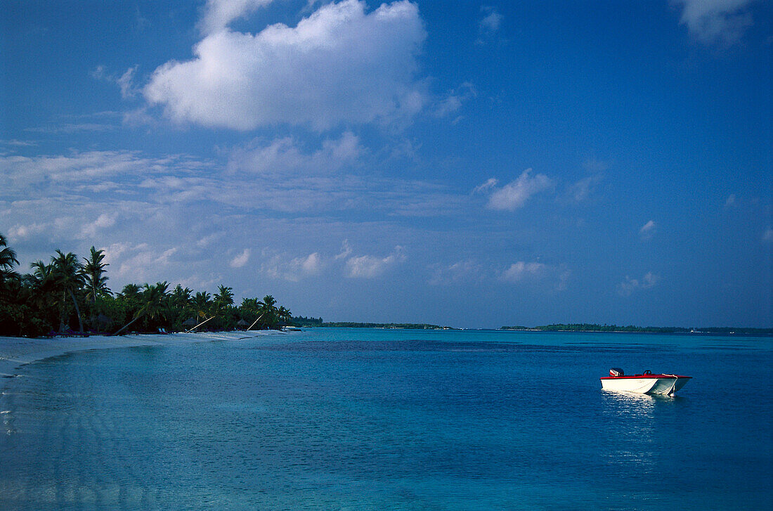 Boot vor Palmenstrand im Sonnenlicht, Four Seasons Resort, Kuda Hurra, Malediven, Indischer Ozean