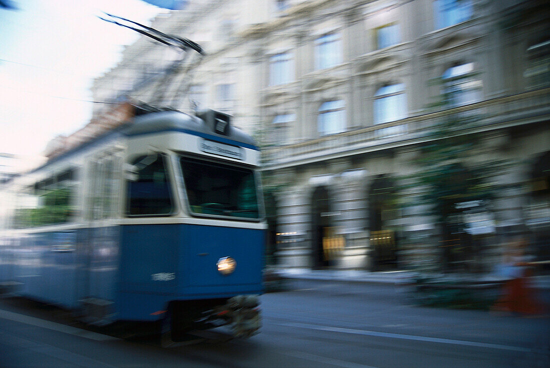 Driving tram, Bahnhofstrasse, Zuerich, Switzerland, blurred motion