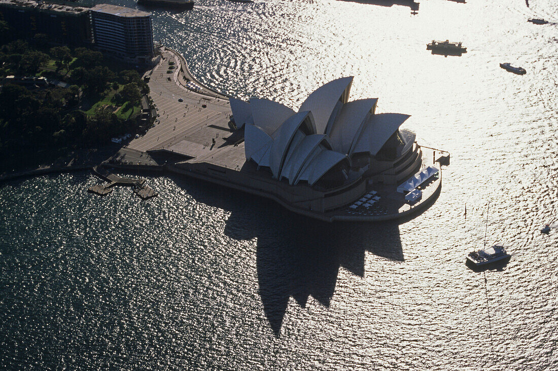 Blick auf Sydney Opera House von oben am Abend, Sydney Opera House,  Architekt Jørn Utzon, Sydney, Sydney Harbour, New South Wales, Australien