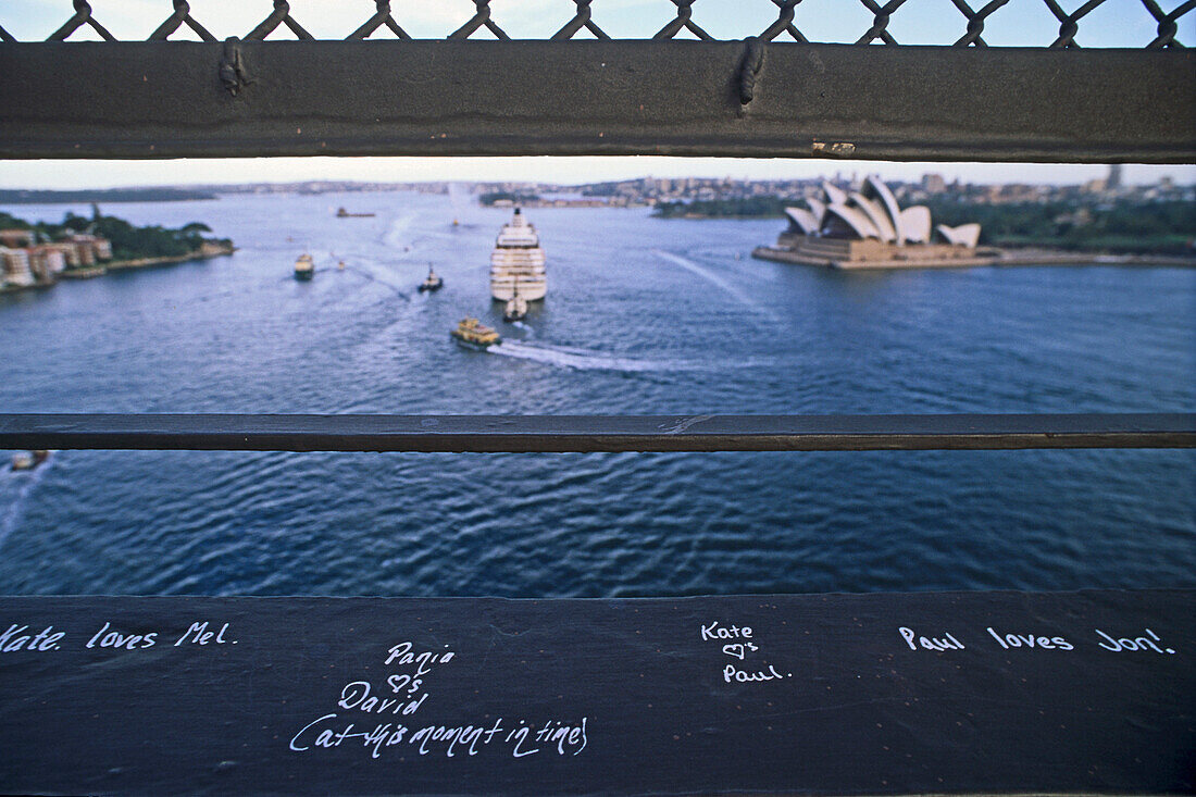 view from Sydney Harbour Bridge through the steel construction, Sydney, New South Wales, Australia