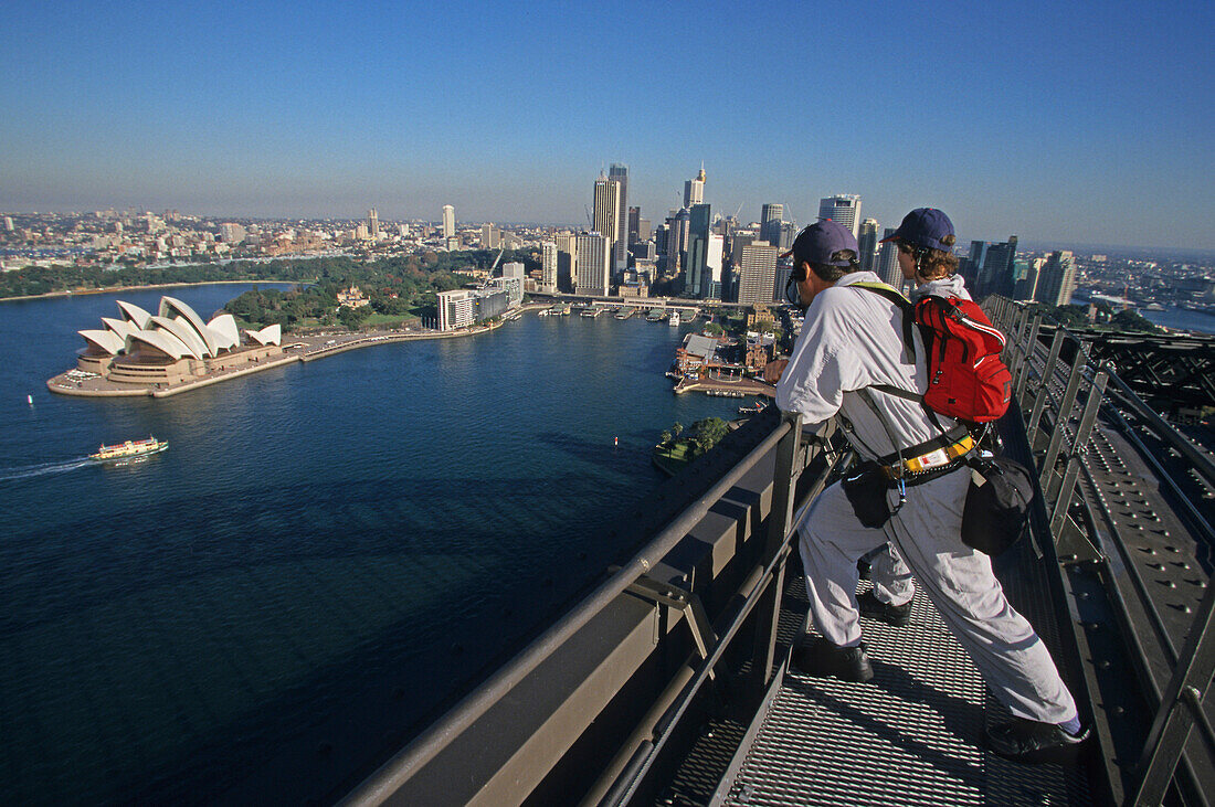 View from Sydney Harbour Bridge, Bridgeclimb is an official tour to the top of the single-arch bridge above the spectacular Sydney Harbour, Circular Quay, Opera House, Harbour Bridge, Sydney, Sydney Harbour, New South Wales, Australia