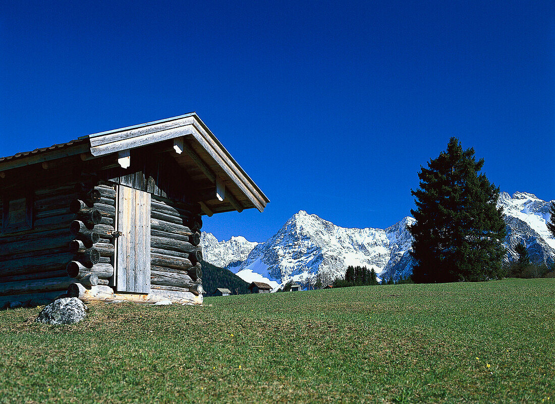 Log cabin with Karwendel mountain range in the background, Bavarian Alps, Bavaria, Germany