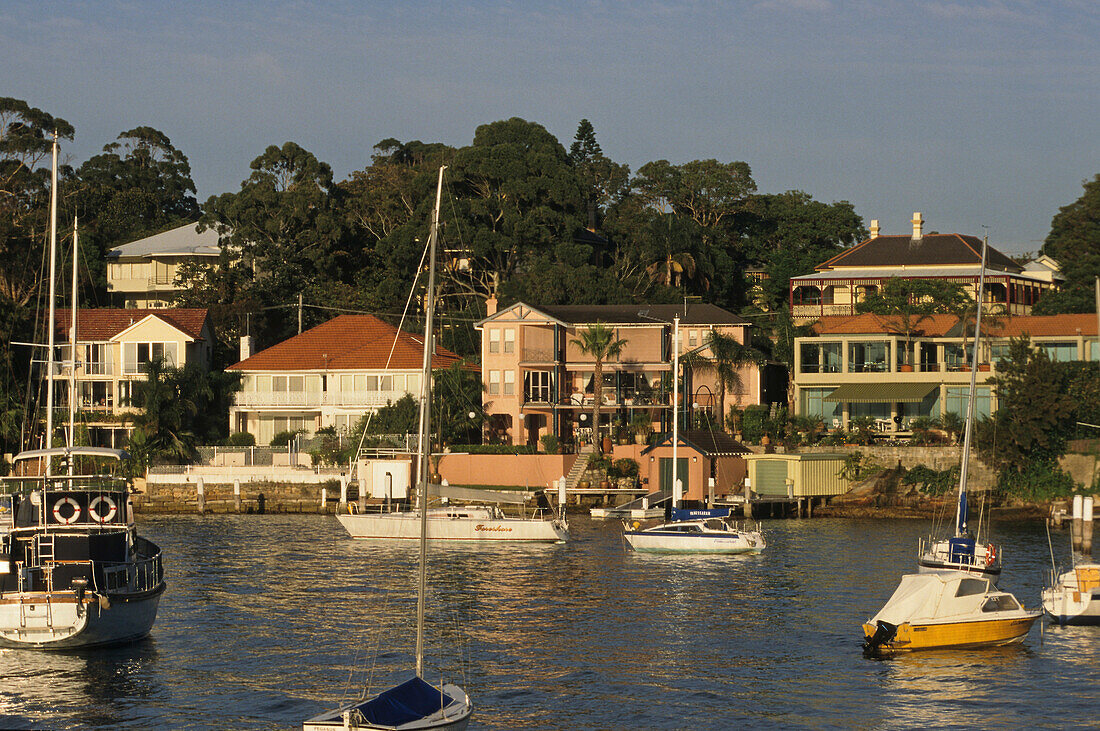 Houses on Sydney Harbour, Australien, NSW, Sydney, expensive harbour-front houses, and yacht, Villen mit Blick aufs Hafen mit Yachten