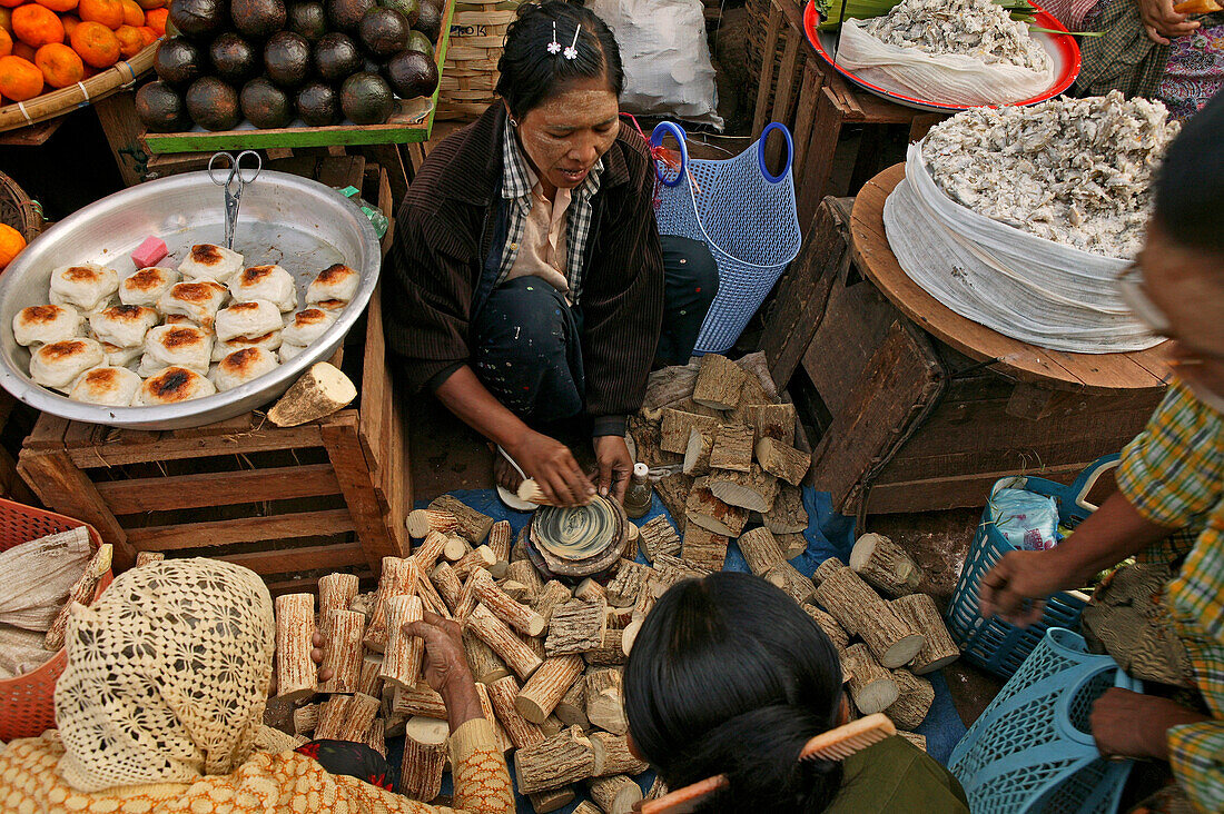 Market day in Bago, tanaka vendor, Bago, Myanmar