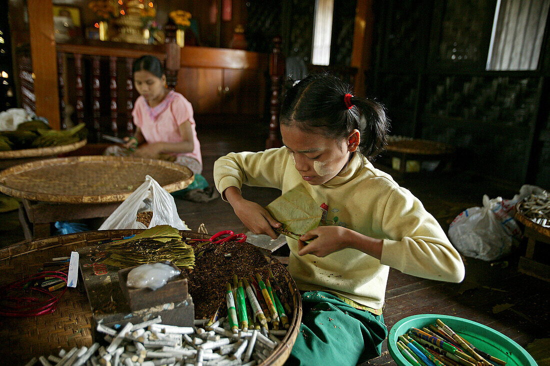 women and girls in cigar factory, Bago, Myanmar