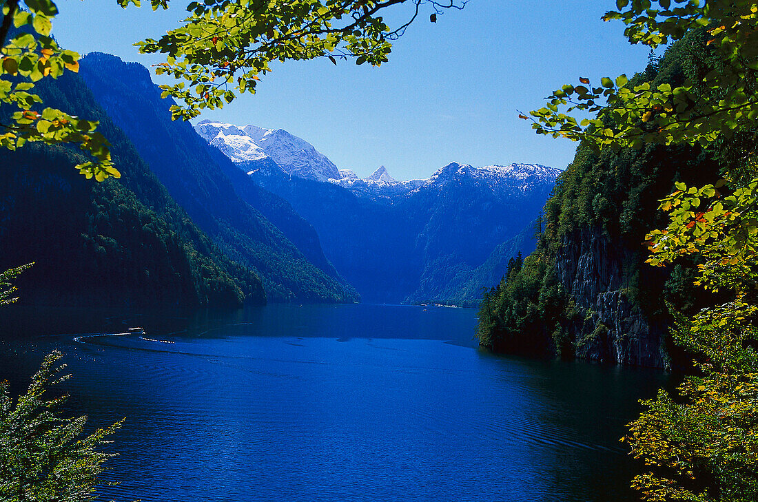 View of Koenigssee with mountain panorama, Berchtesgaden, Bavaria, Germany