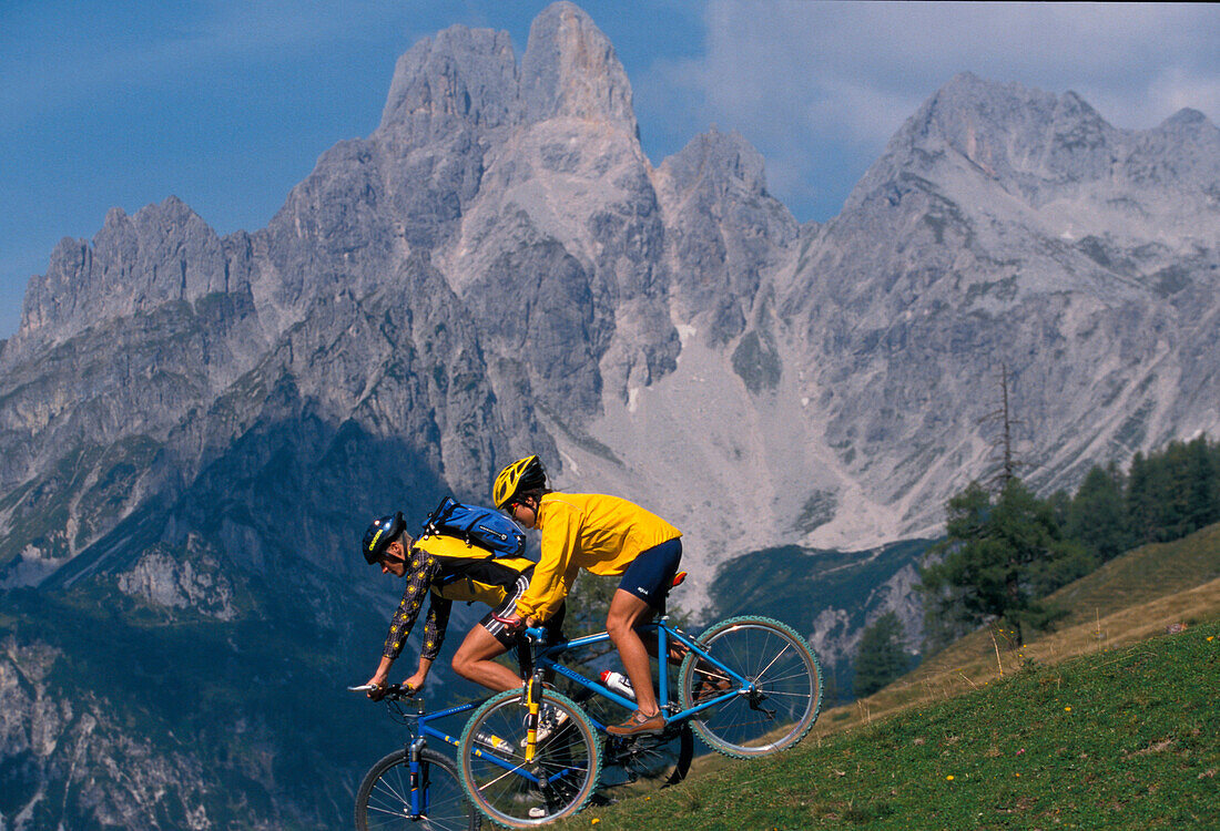 Fahrradfahrer preschen Alpenwiese hinunter