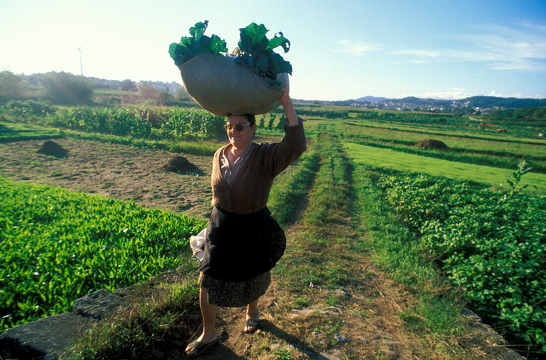Frau trägt Korb auf dem Kopf, Castelo do Naiva, Portugal