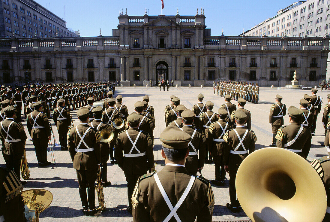 Changing of the guard, soldiers standing in front of the Palacio de la Monea, Santiago, Chile