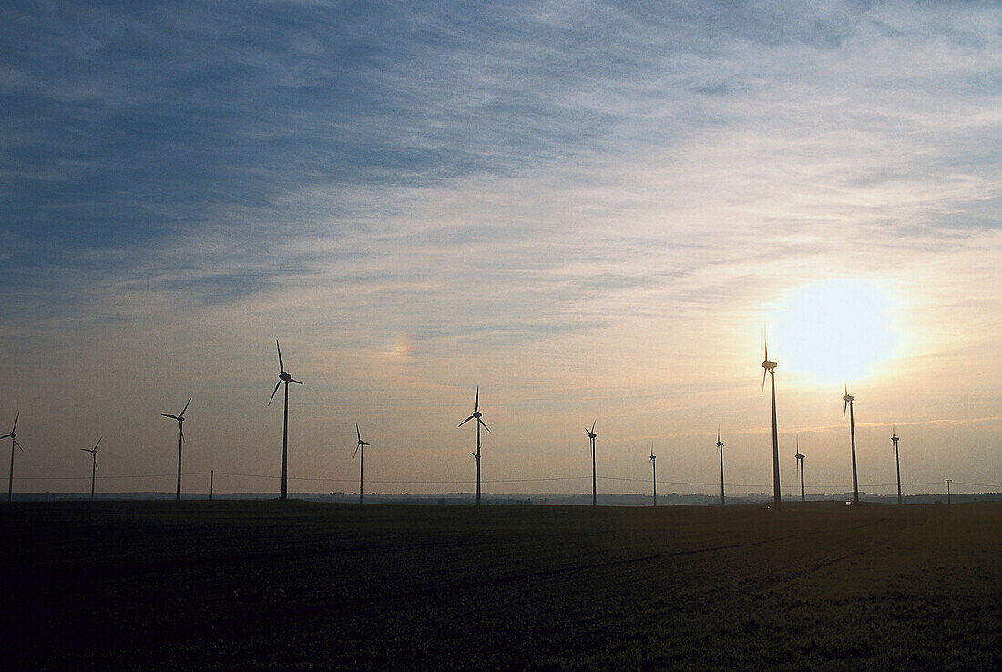 Wind turbines in field, Wolgast, Usedom Island, Mecklenburg-Western Pomerania, Germany