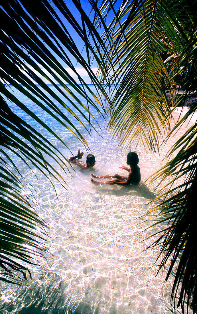 Children, Beach, Palms, Makemo, Tuamotu Islands French Polynesia, South Pacific