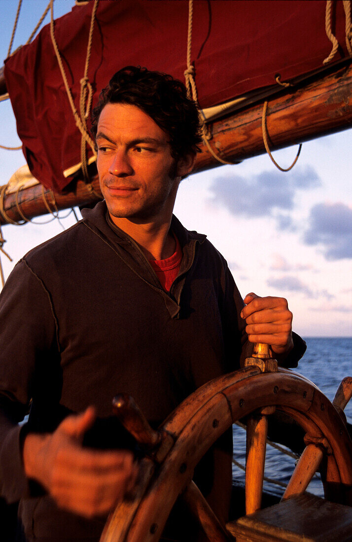 Dominic West, Sailor on Helm, Sailor, Tradtional Sailing Ship- French Polynesia, South Pacific