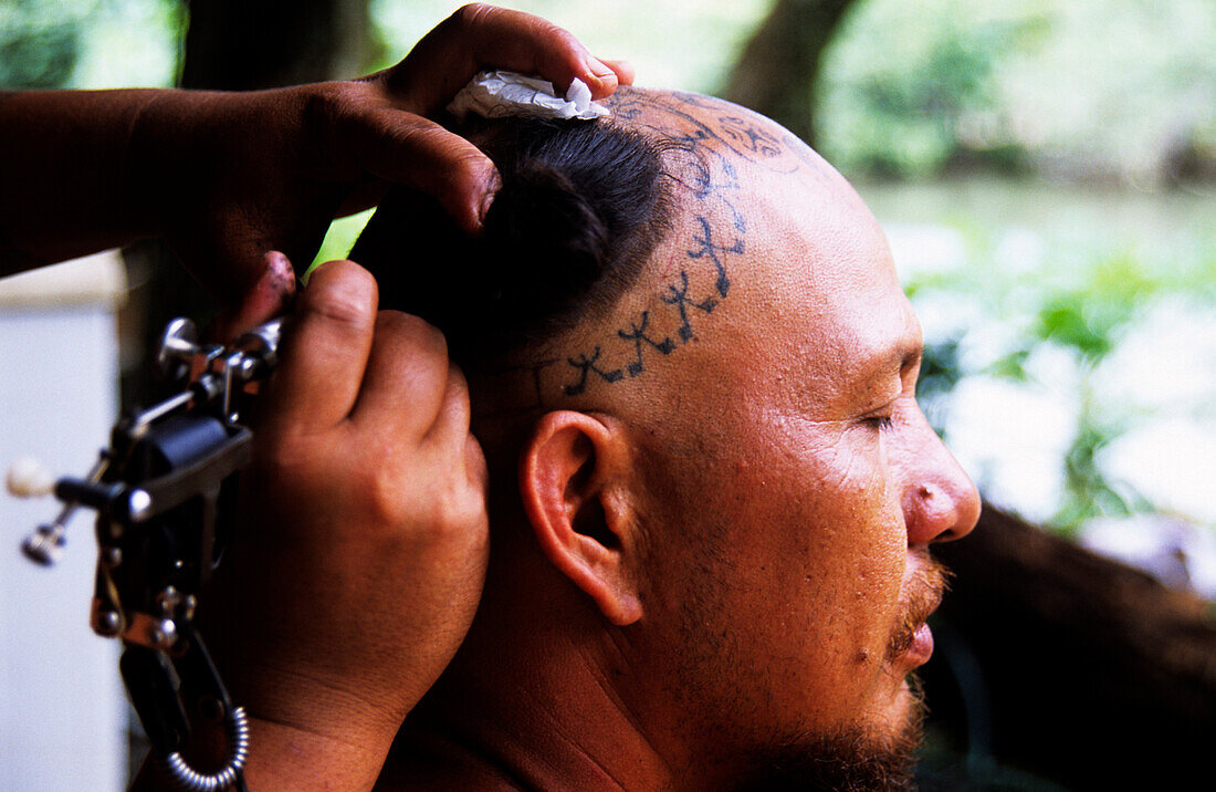 Tattoo on Head, Taipivai, Nuku Hiva, Marquesas French Polynesia, South Pacific