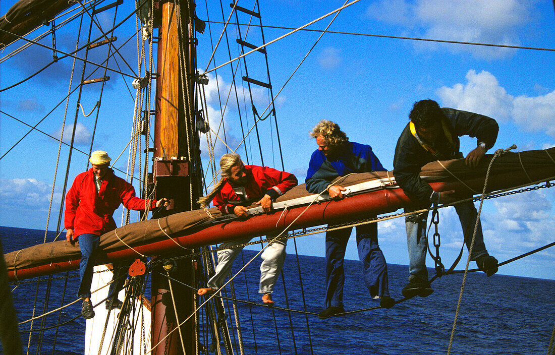 Sailors on Mast, Work, Traditional Sailing Ship, Tonga Open Ocean, South Pacific, PR