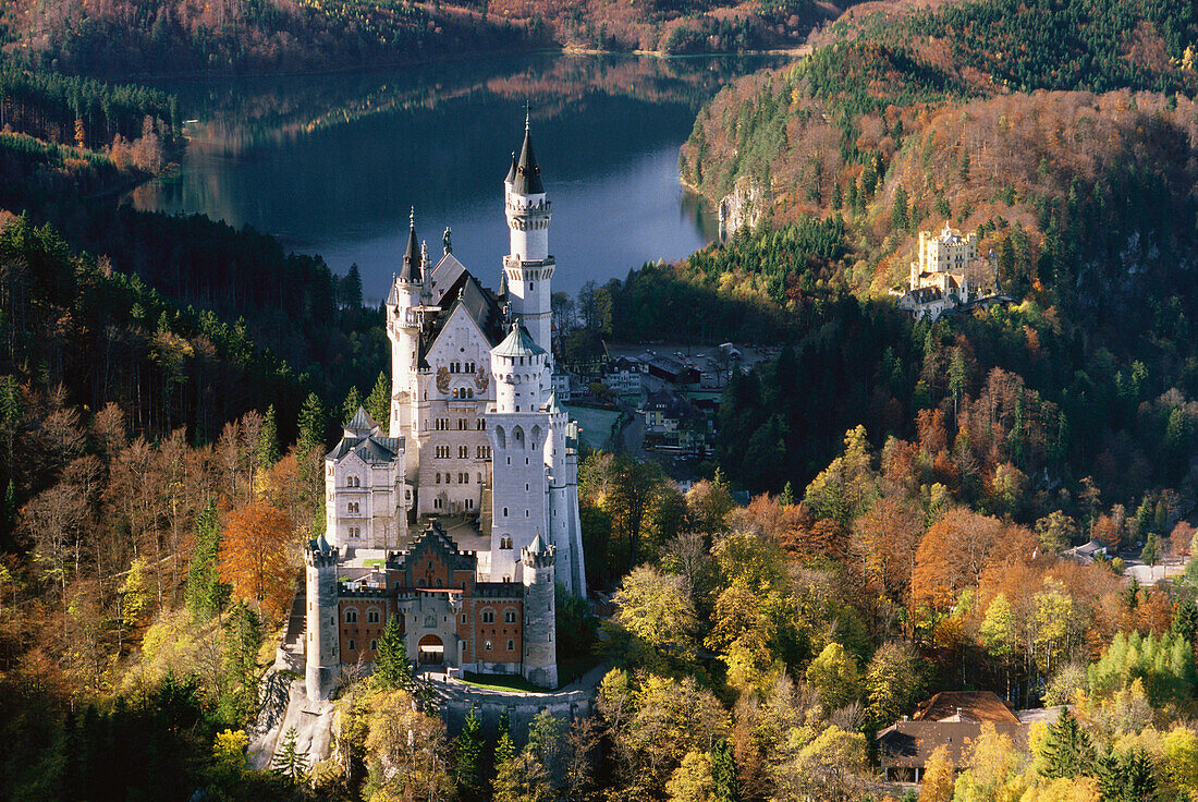 Neuschwanstein Castle in a sunlit autumnal scenery, Bavaria, Germany