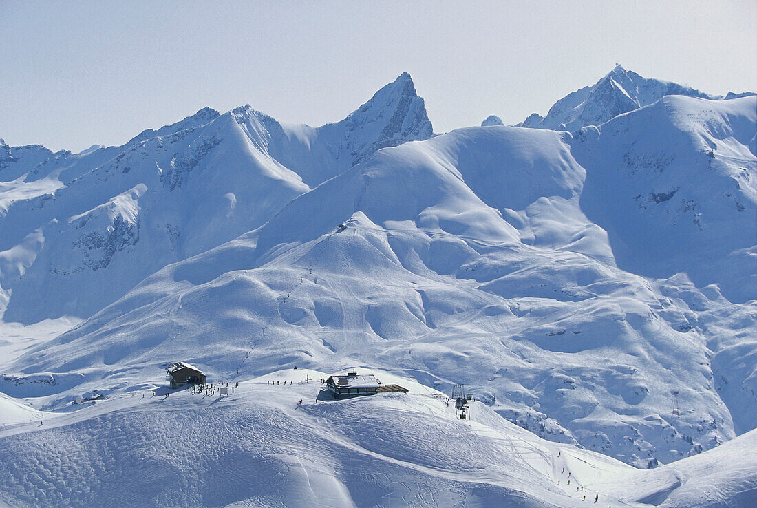 View on mountain station Seekopf, Hexenboden, Arlberg, Tyrol, Austria