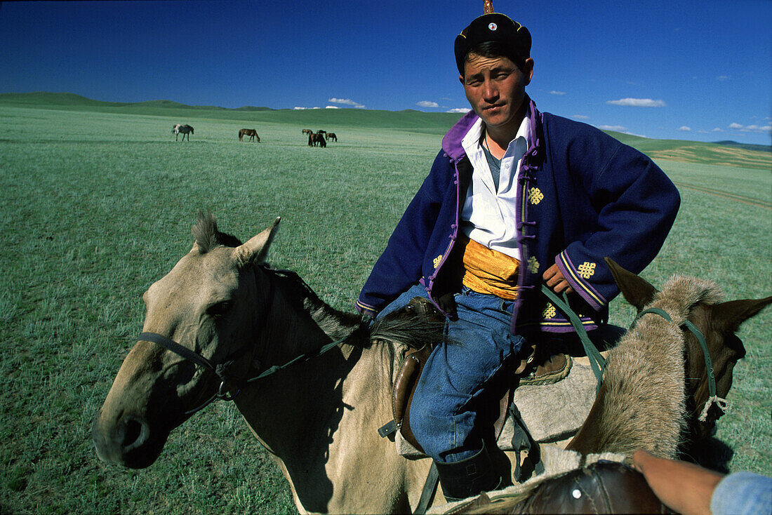 Mongolischer Pferdehüter, Gobi Steppe, Mongolei, Asien