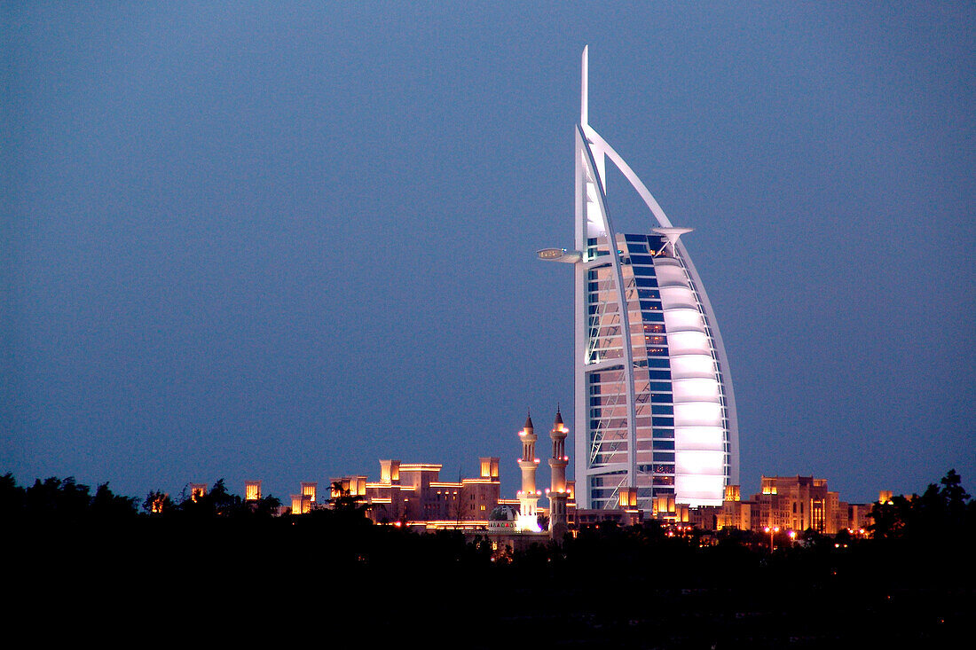 Burj al Arab at dusk, Dubai, United Arab Emirates, UAE