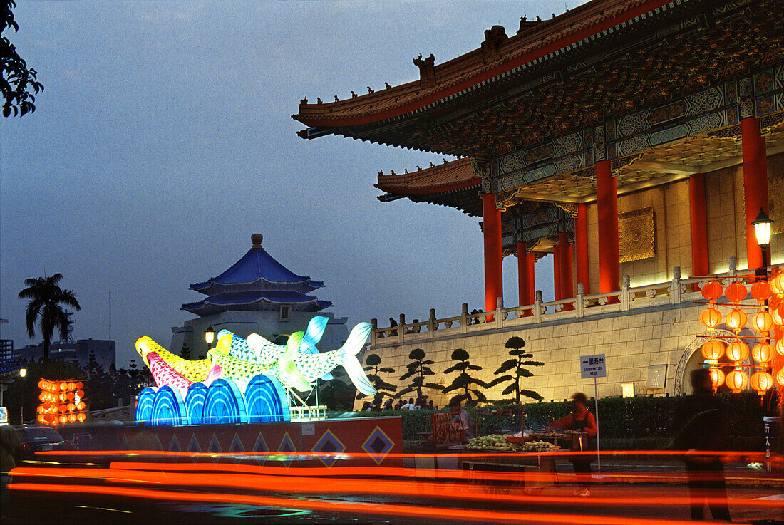 Illuminated National Concert Hall and Chiang Kaishek memorial hall at night, Taipei, Taiwan, Asia