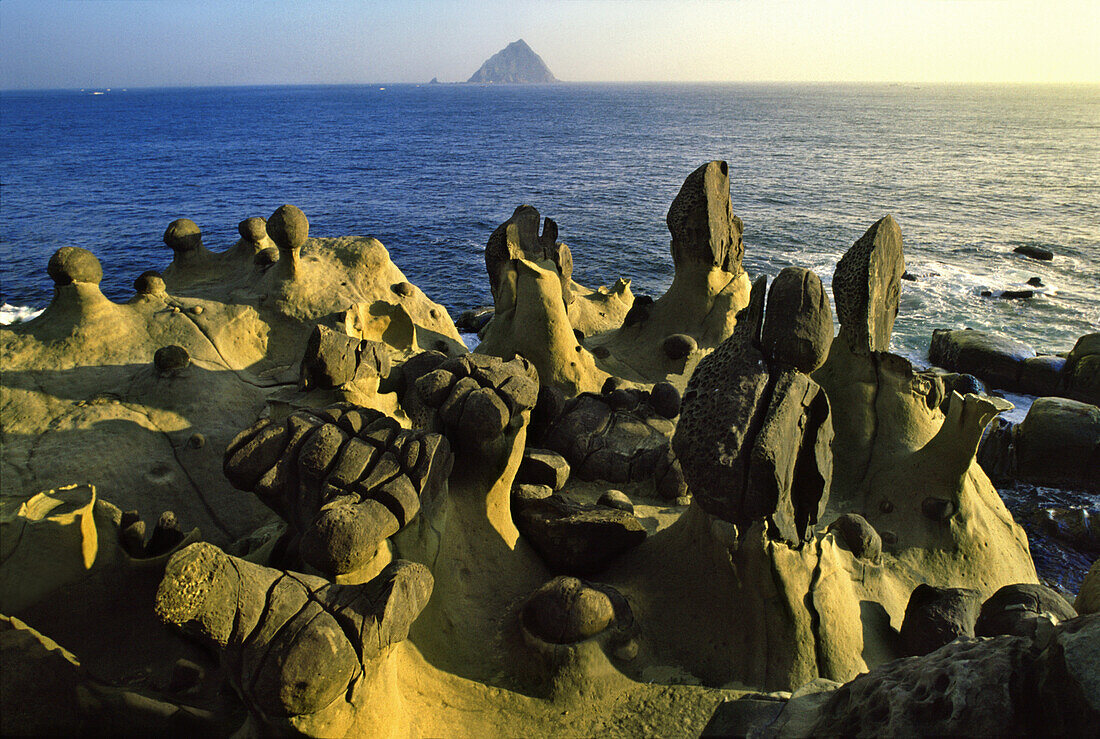 Rock formations on an island in the sunlight, Heping Island, Keelung, Taiwan, Asia