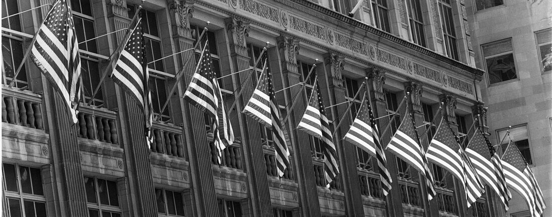 American flags, Midtown, Manhattan, New York, USA