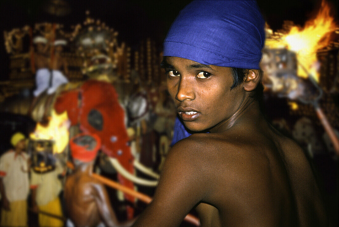 Boy on elephant, Kandy Perahera buddhist festival, Kandy, Sri Lanka, Asia