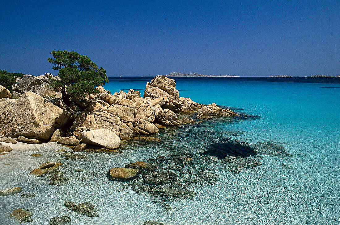 Ocean and coast area in the sunlight, Capriccioli, Costa Smeralda, Sardinia, Italy, Europe