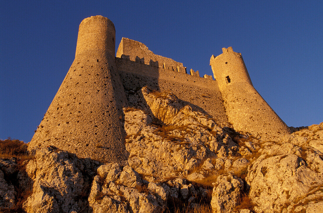 The castle Rocca Calascio in front of a blue sky, Castel del Monte, Abruzzo, Italy