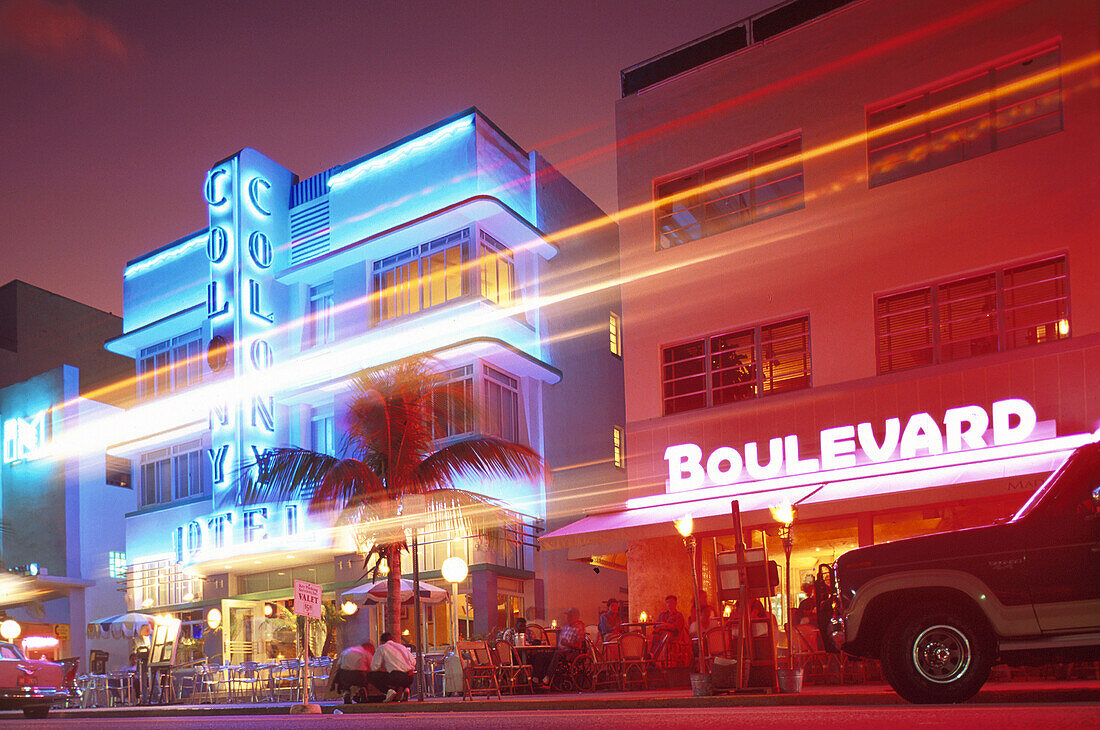 The illuminated Hotel Colony at night, Miami, Florida, USA, America