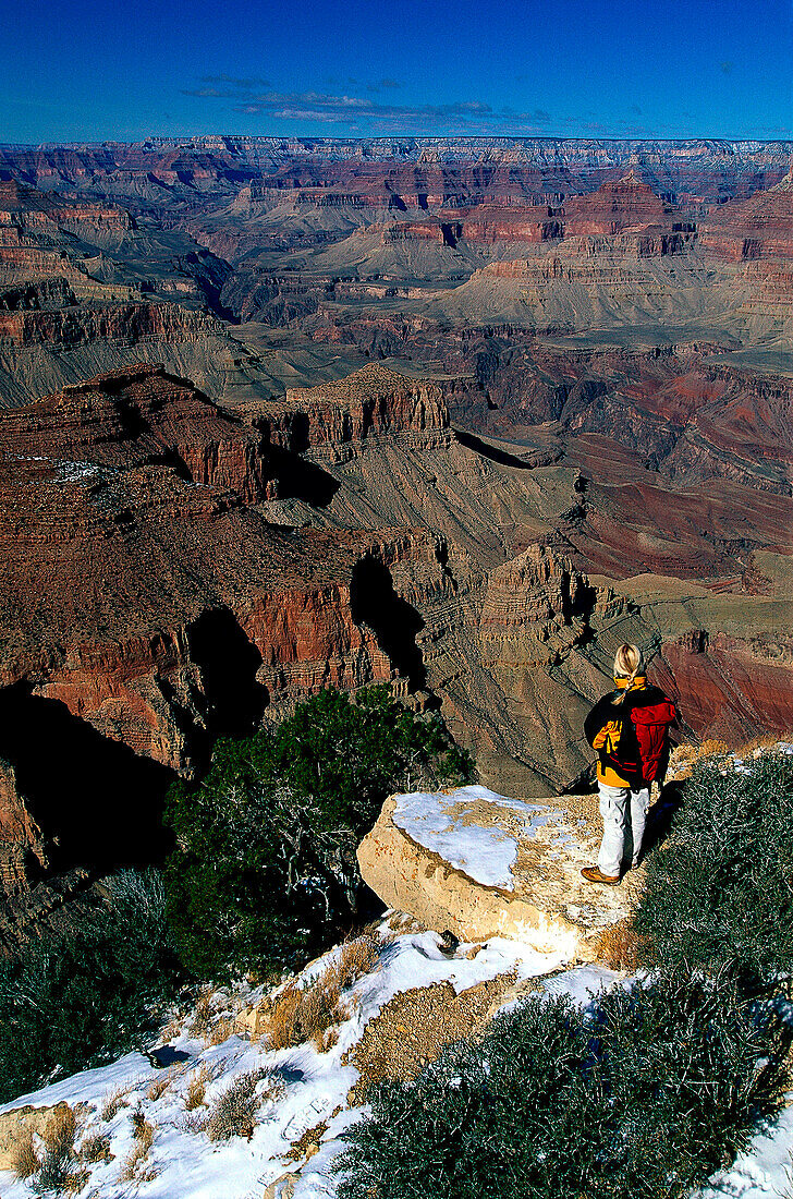 Frau betrachtet den Aussicht über dem Grand Canyon, Grand Canyon National Park, Arizona, USA