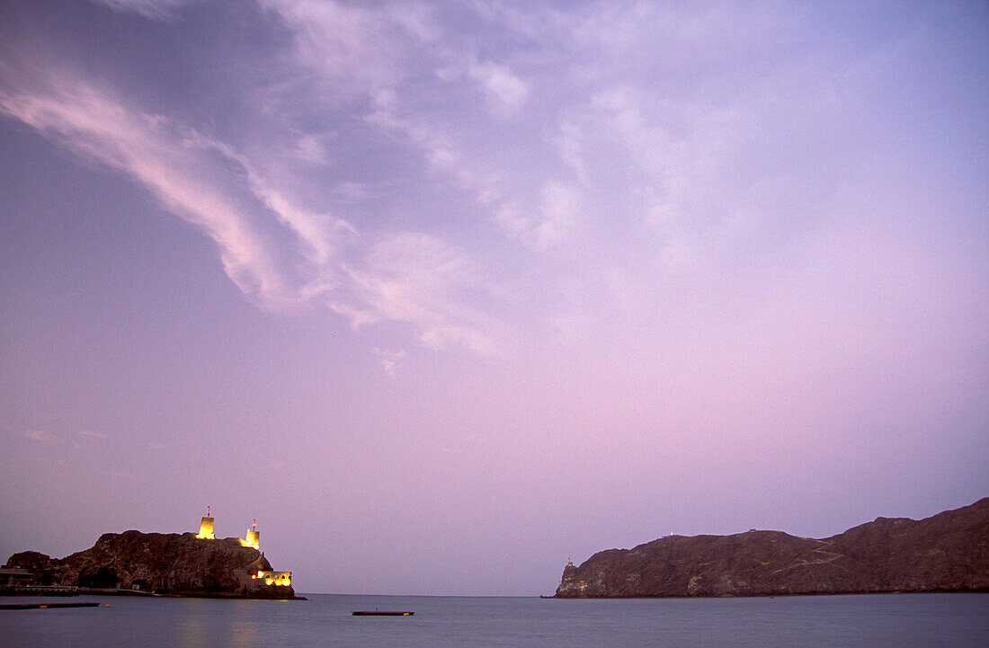 The illuminated fort in the evening, Muscat, Oman