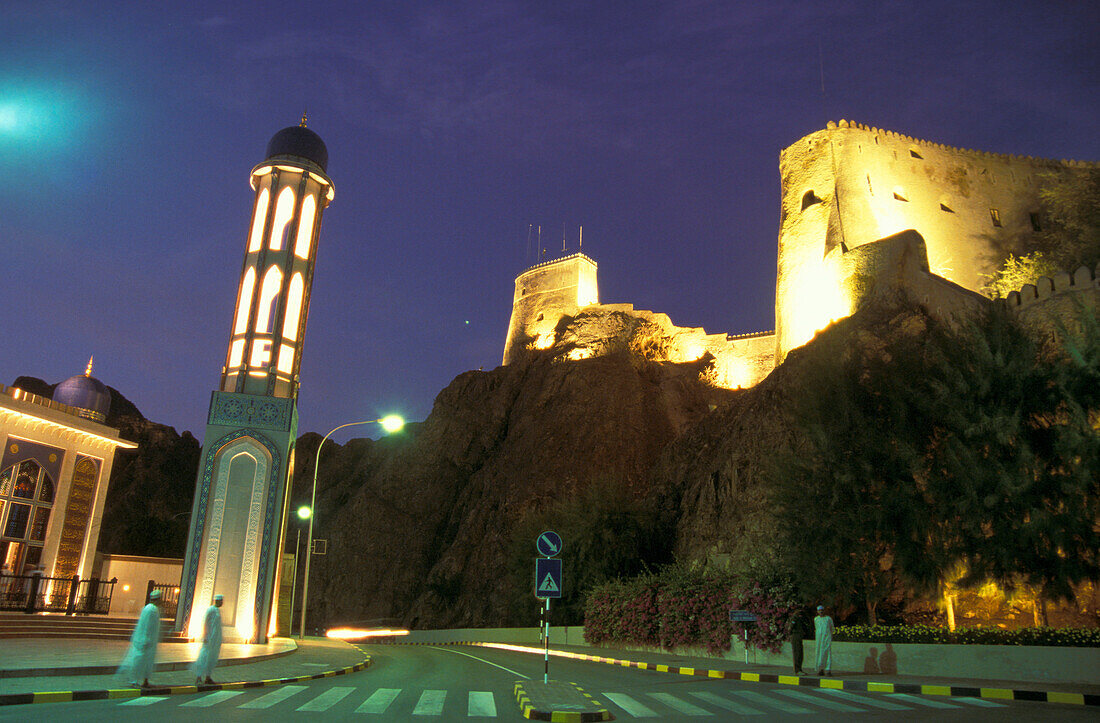 Illuminated mosque and fort at night, Muscat, Oman, Middle East, Asia
