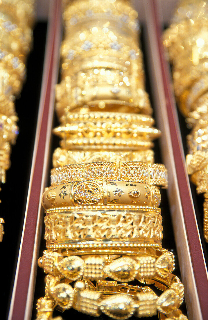 Close-up of golden rings, Souk, Muscat, Oman, Middle East, Asia