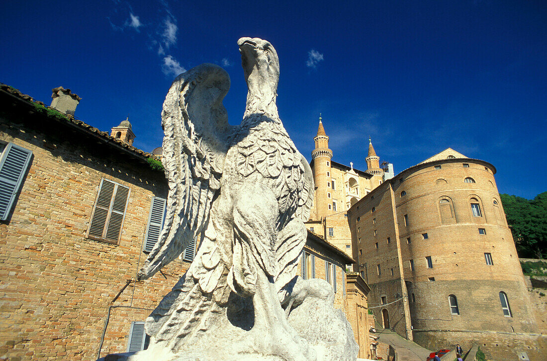 Statue vor einem Schloss, Urbino, Marken, Italien, Europa