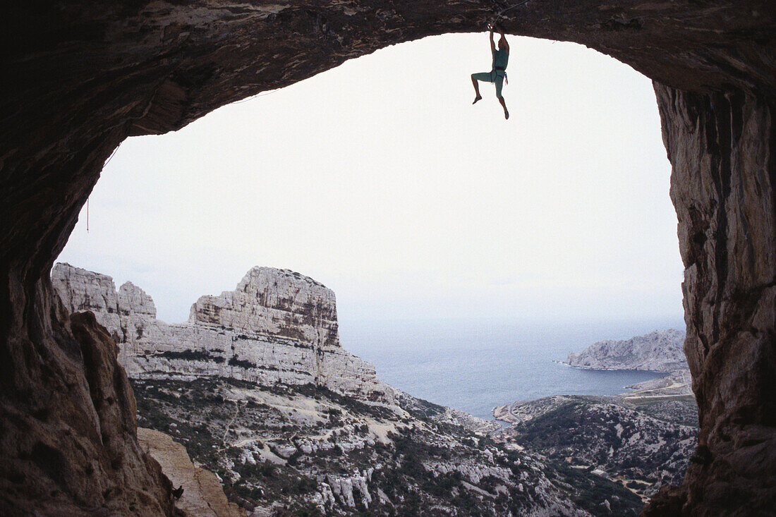 Bergsteiger beim Extremklettern, Calonge, Côte d'Azur, Provence, Frankreich