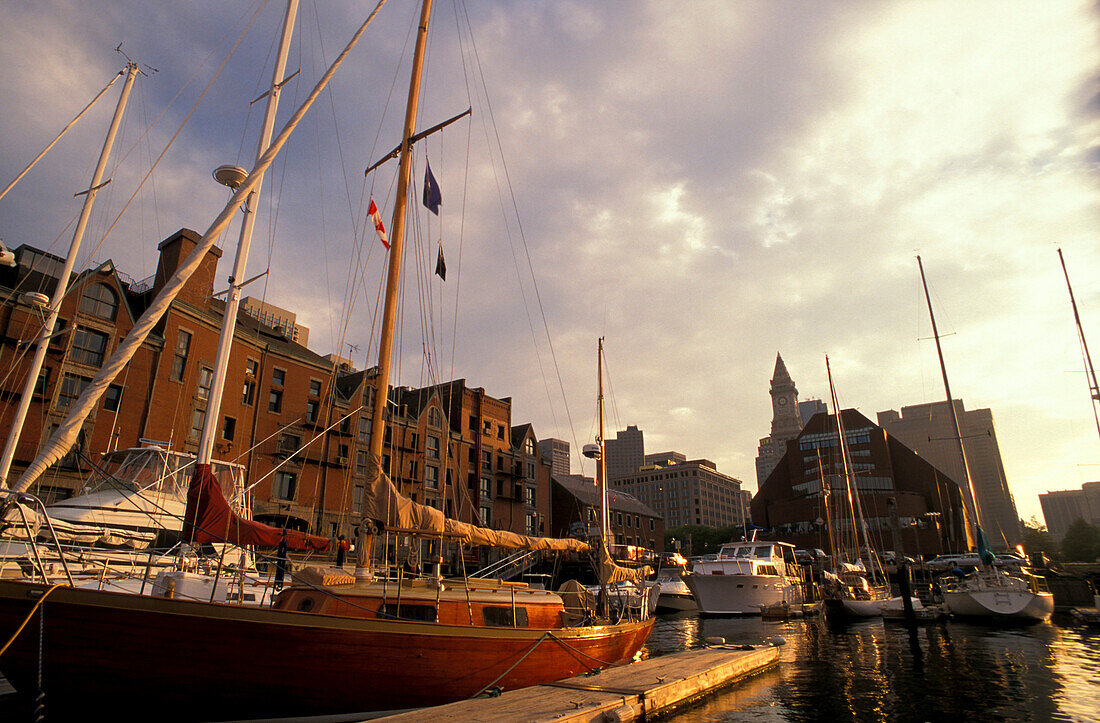 Yachts are moored at harbour in the evening, Boston, Massachusetts USA