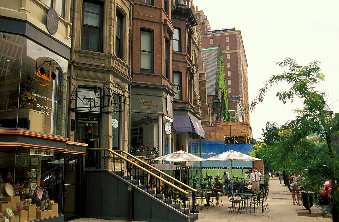 Sidewalk cafes and shops at Newbury Street, Boston, Massachusetts USA, America